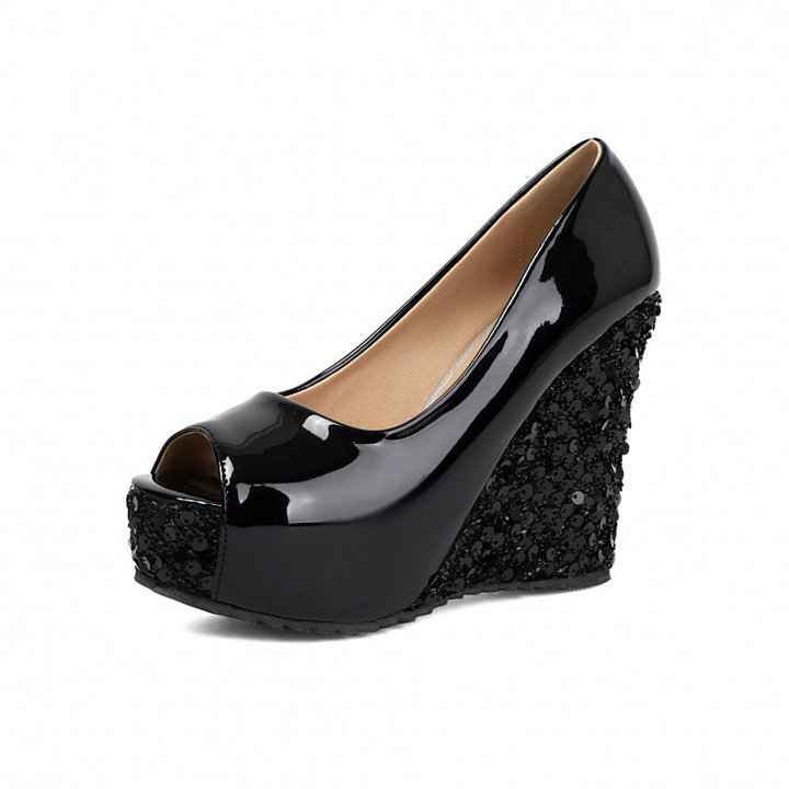 Sequin Wedge Peep Toe Platform Heels