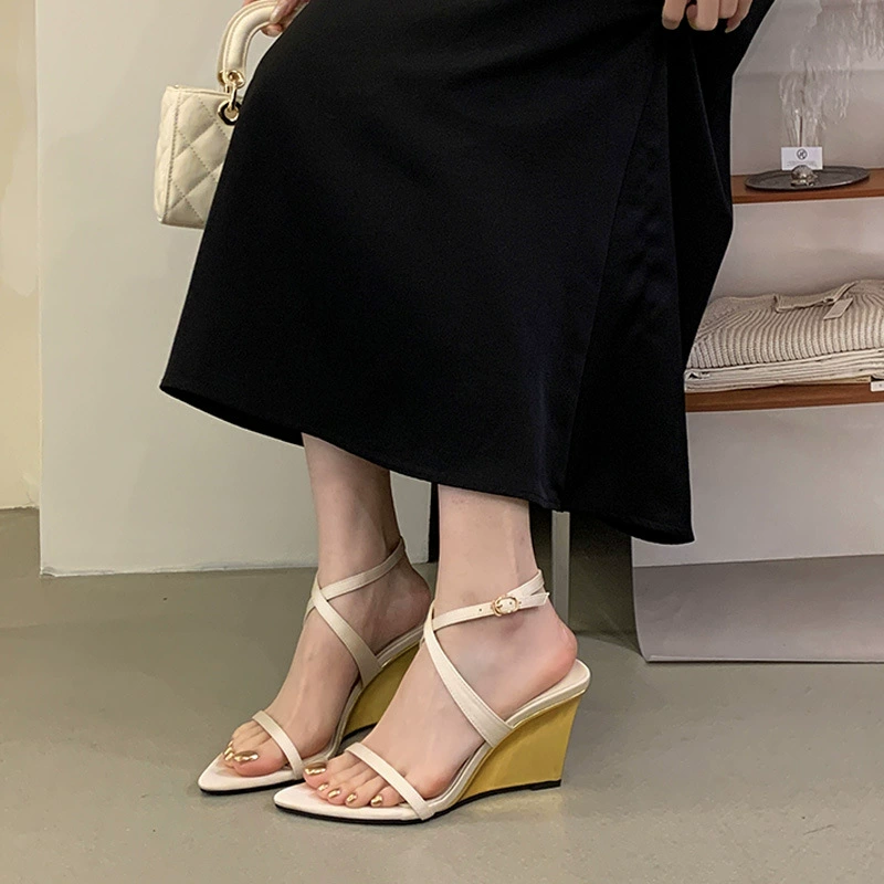 Pointed Toe Gold Wedge Heel Strappy Sandals