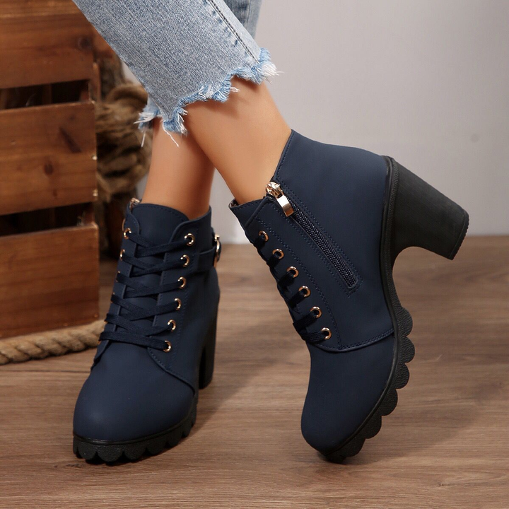 Side Zipper Buckle Strap Block Heel Ankle Boots