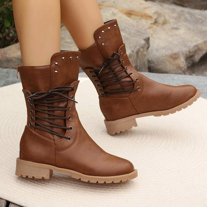 Womens Studded Lace‑Up Moto Mid Calf Boots
