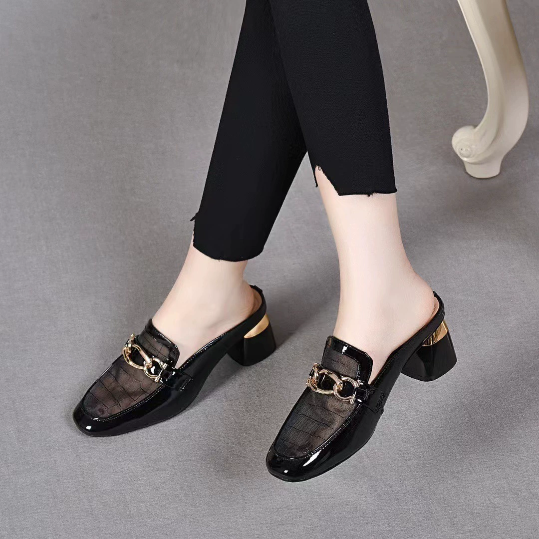 Patent Leather Mesh Chain Slip On Mule Flats