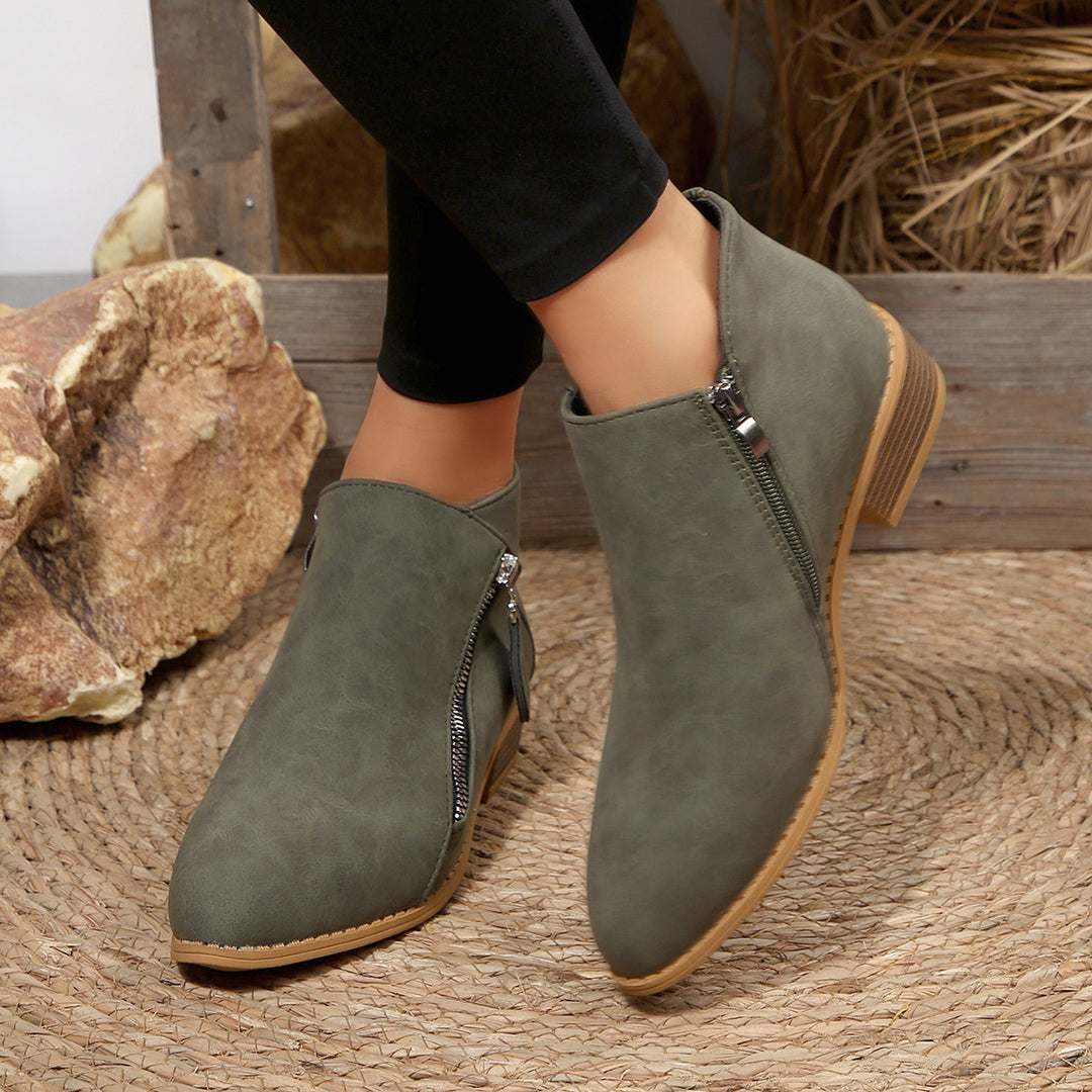 Pointed Toe Side Zip Block Heel Booties
