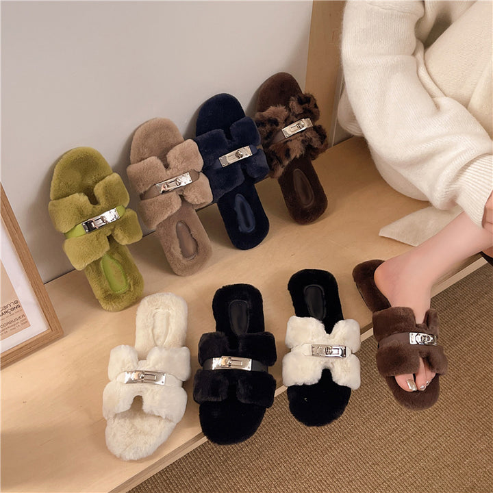 Plush Open Toe Slide Slippers