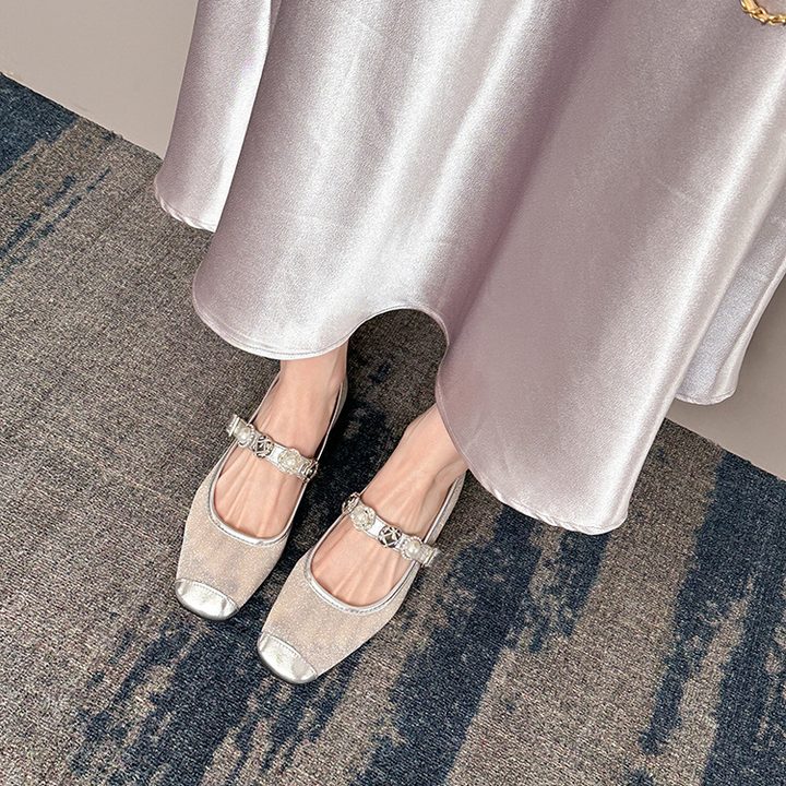 Shimmer Pearl Mary Jane Square Flat Shoes