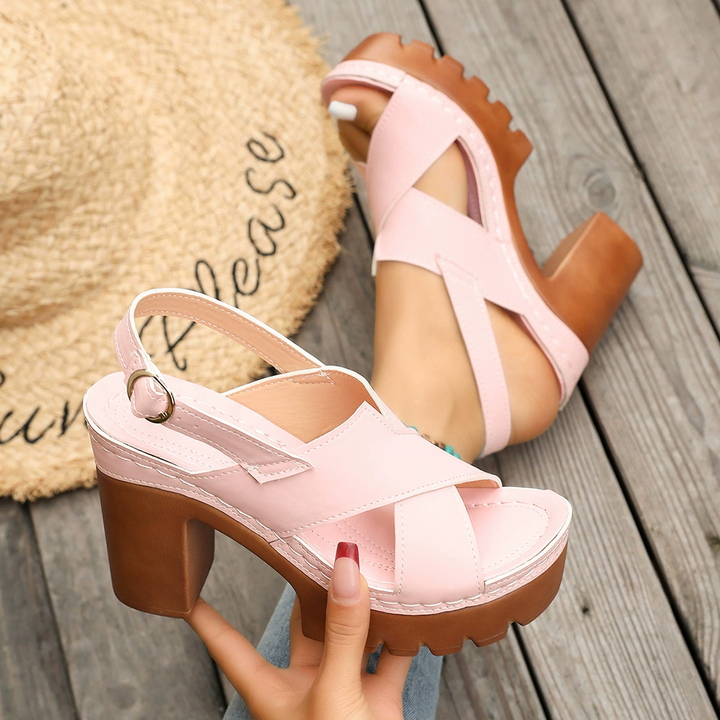 Chunky Heel Cross Strap Summer Sandals