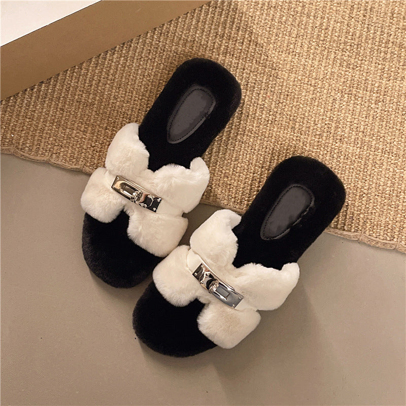 Plush Open Toe Slide Slippers