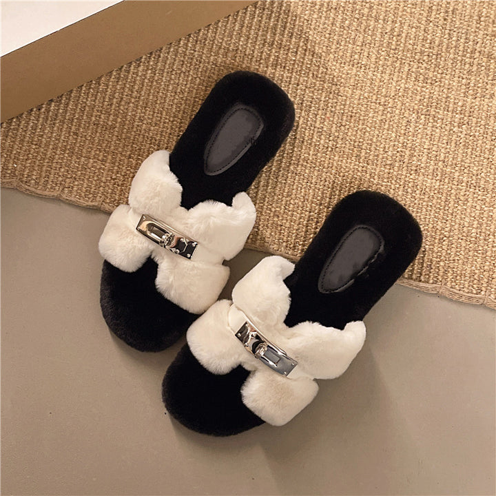 Plush Open Toe Slide Slippers