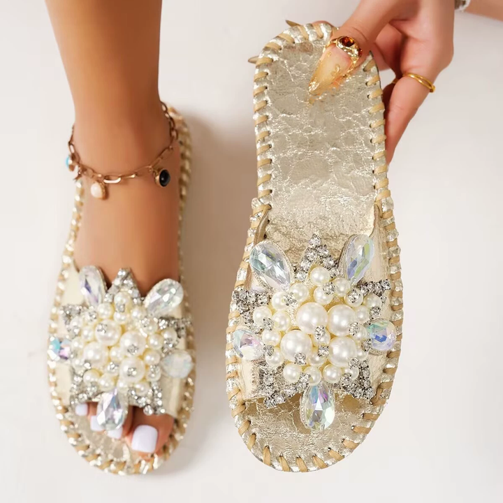 Floral Pearl Slip On Flat Slides