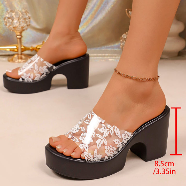 Floral Clear Strap Platform Block Heel Slides