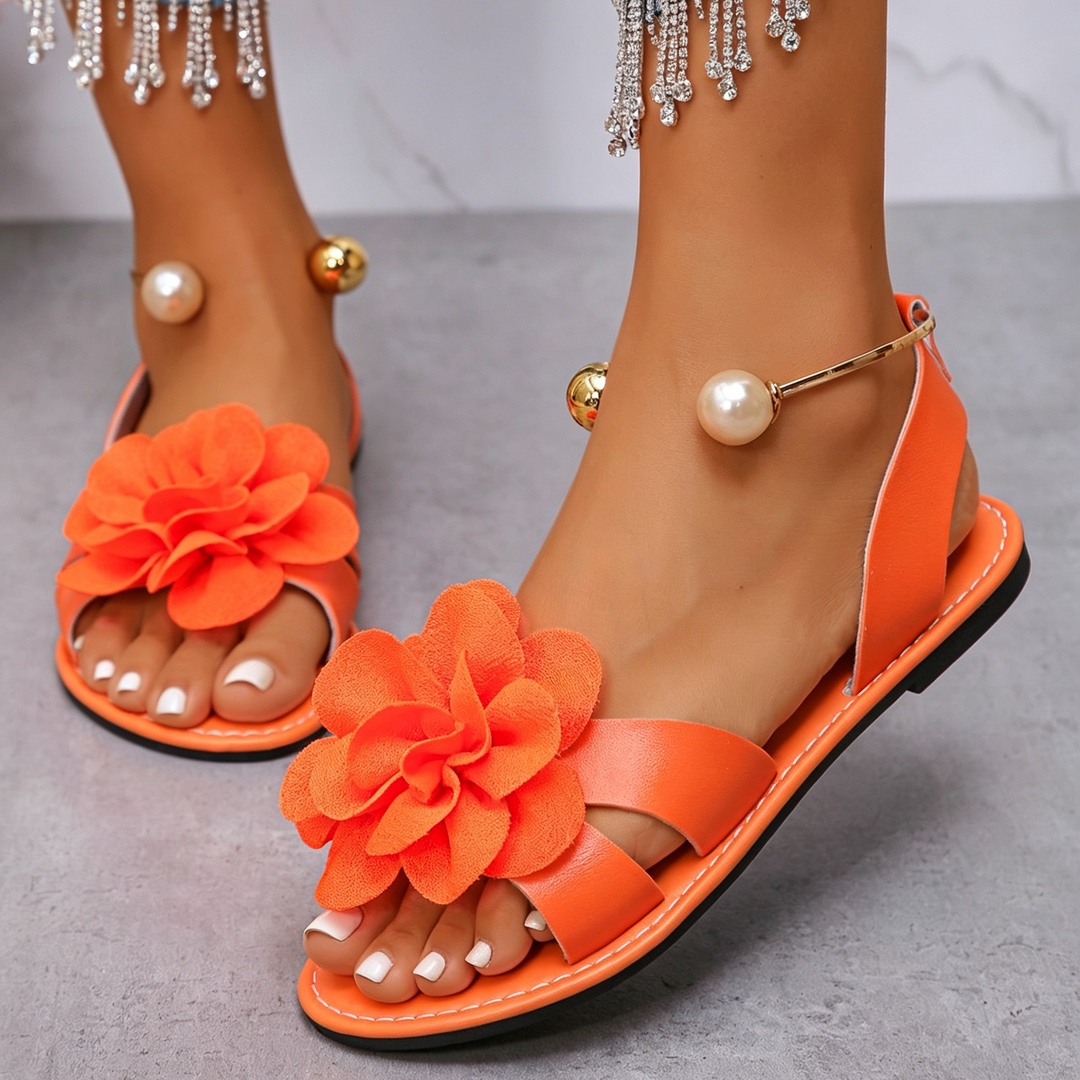 Floral Pearl Ankle Strap Flat Sandals
