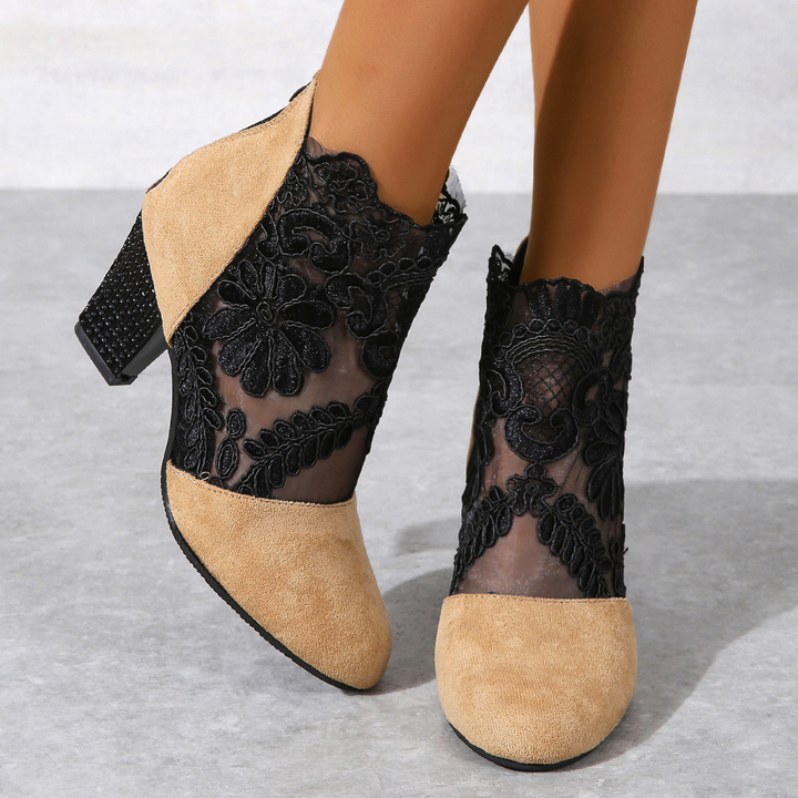 See Through Floral Lace Mesh Rhinestone Block Heel Booties