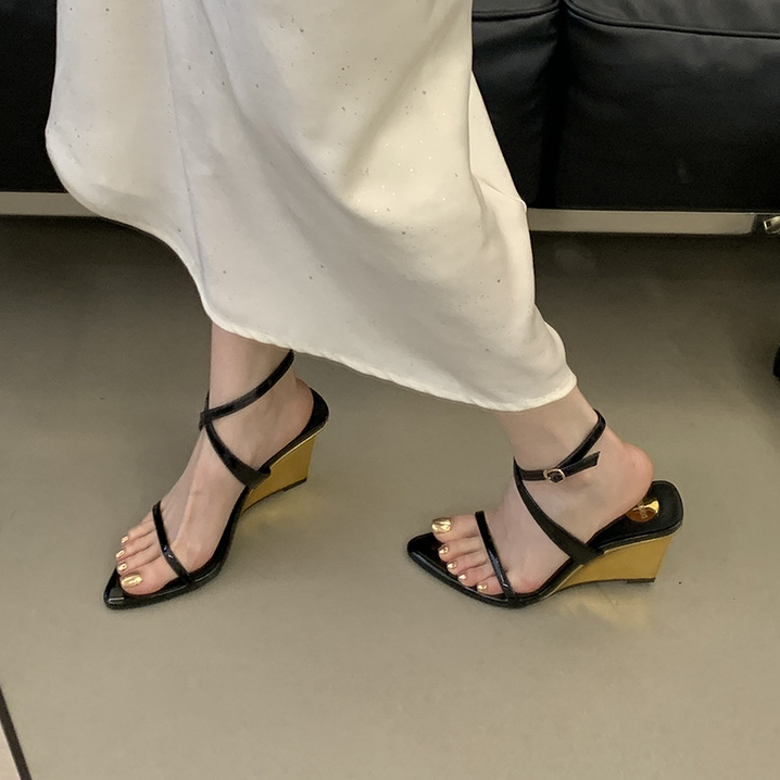 Pointed Toe Gold Wedge Heel Strappy Sandals
