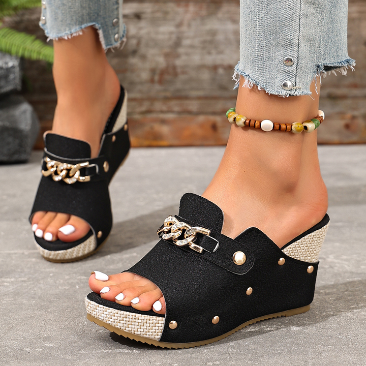 Chain Decor Peep Toe Platform Wedge Slide Sandals