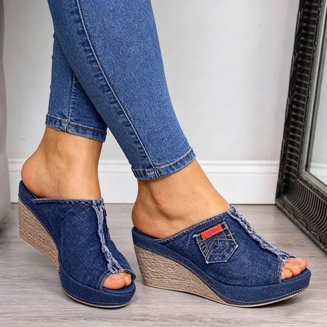 Denim Open-Toe Wedge Sandals