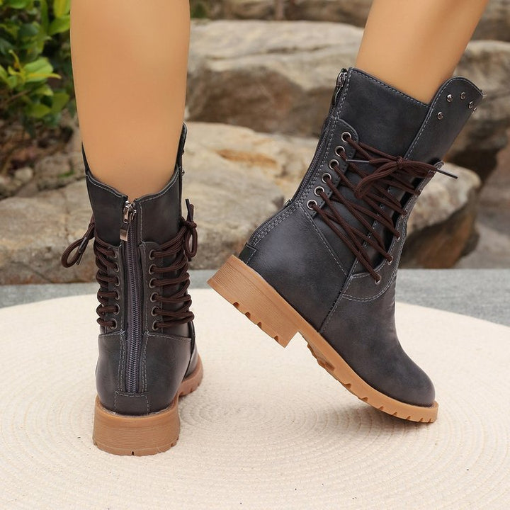Womens Studded Lace‑Up Moto Mid Calf Boots
