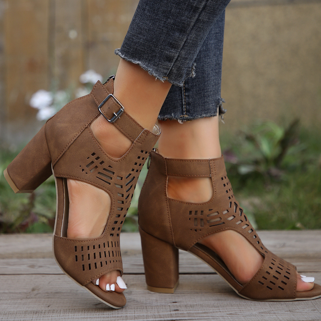 Ladies Open Toe Ankle Strap Block Heel Dress Sandals