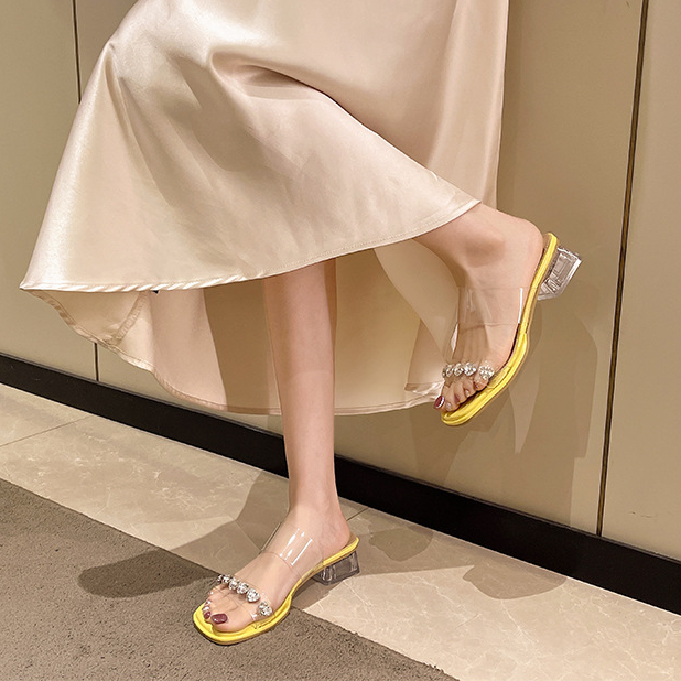 CRYSTAL CLEAR STRAP GLASS HEEL SLIDES