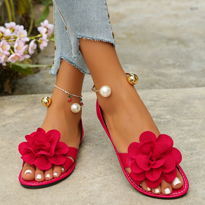 Floral Pearl Ankle Strap Flat Sandals