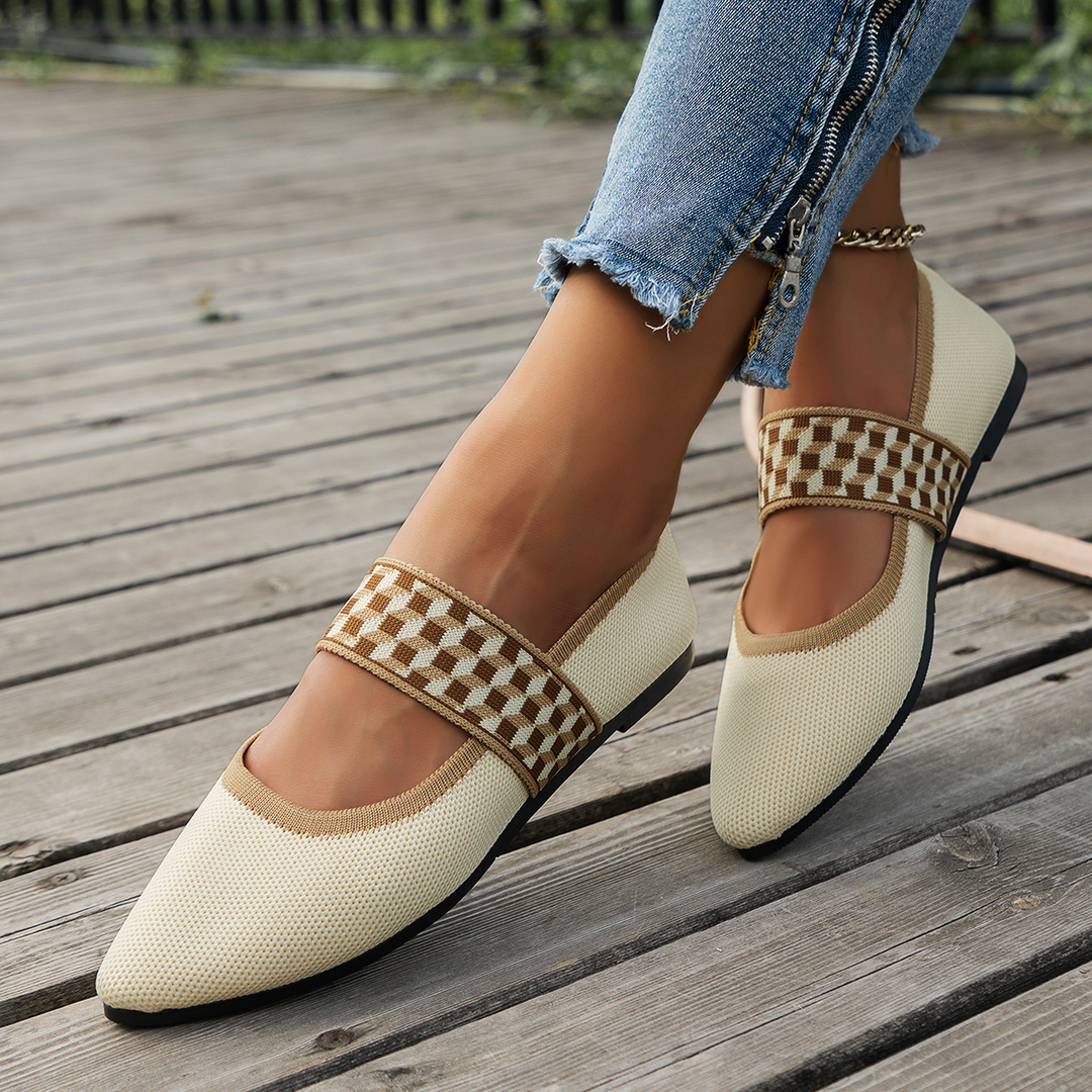 Women Knit Pointed Toe Mary Jane Flat Shoes