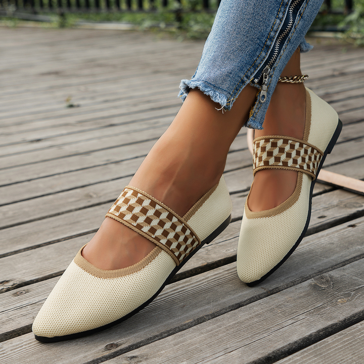 Women Knit Pointed Toe Mary Jane Flat Shoes