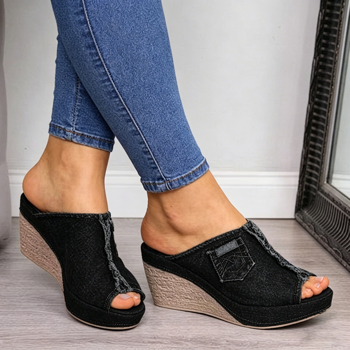 Denim Open-Toe Wedge Sandals