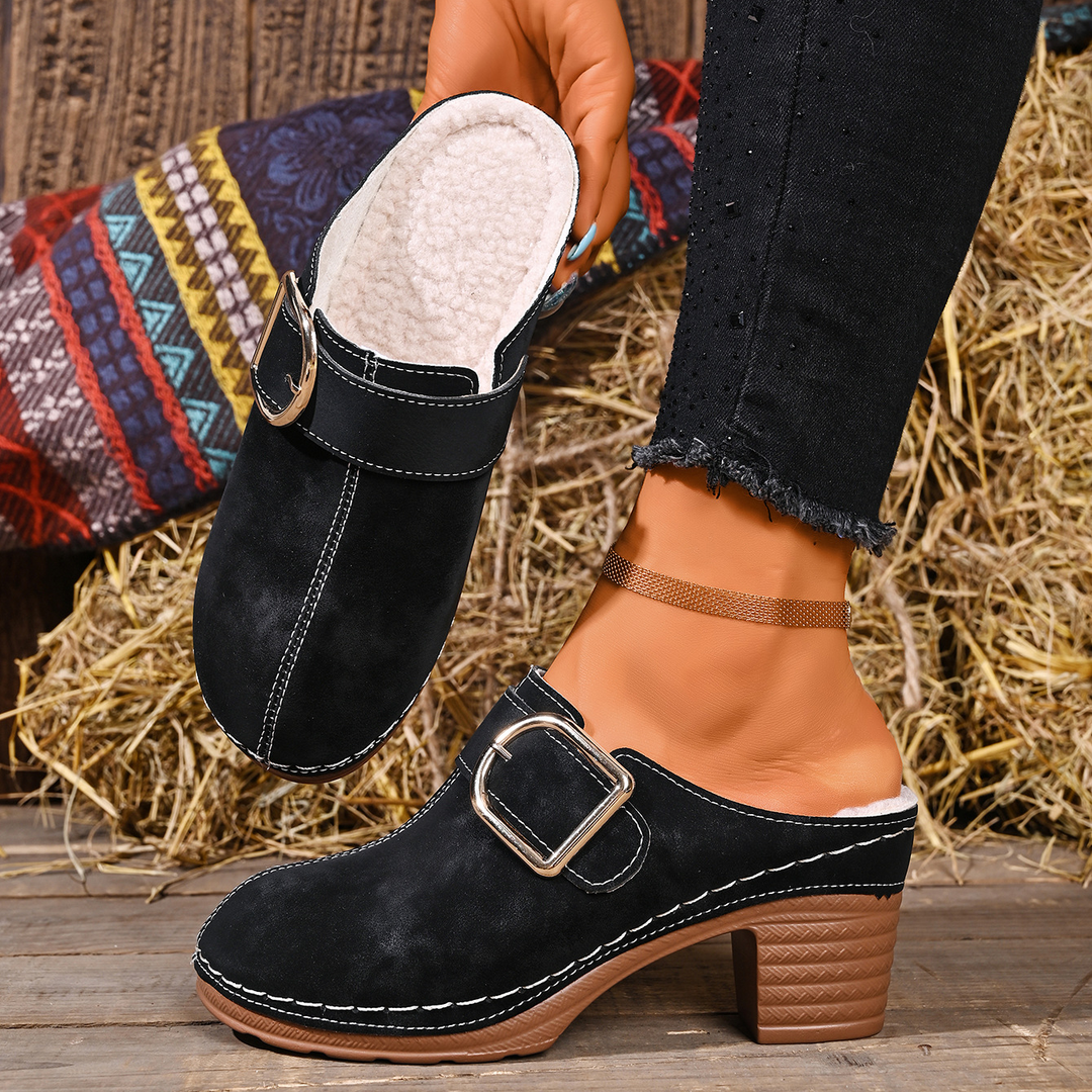 Warm Lined Buckle Decor Block Heel Clogs