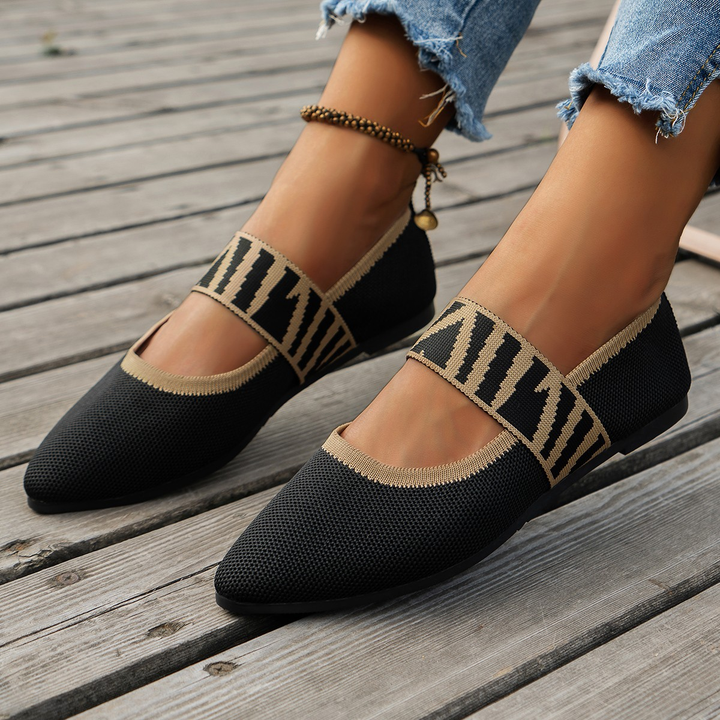 Women Knit Pointed Toe Mary Jane Flat Shoes