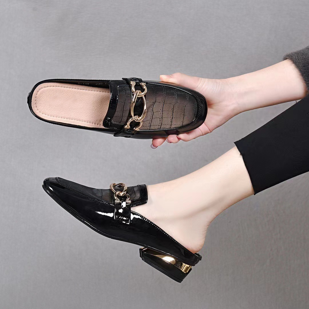 Patent Leather Mesh Chain Slip On Mule Flats