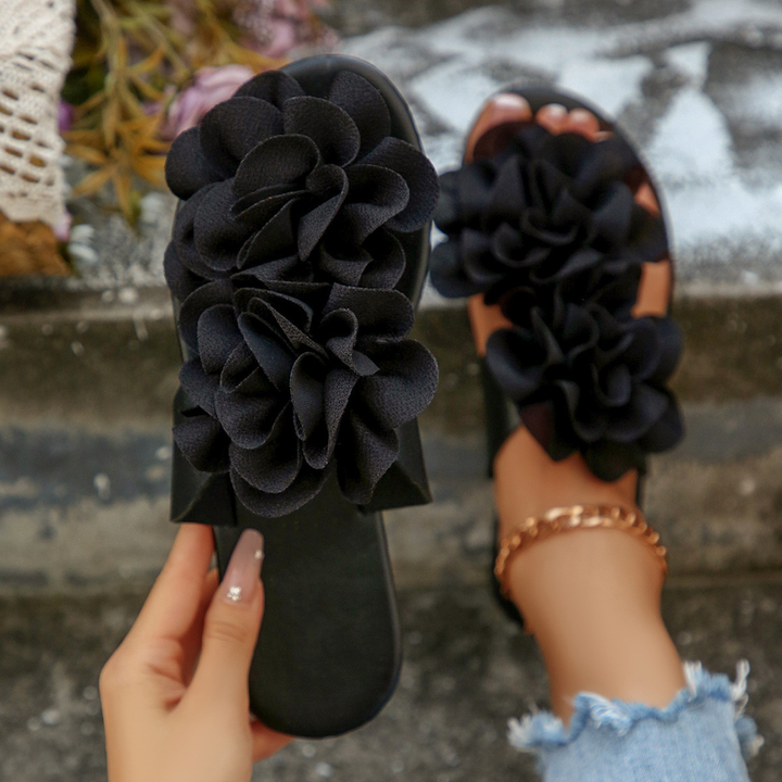 Boho Two Big Flower Flat Casual Beach Slide Sandals