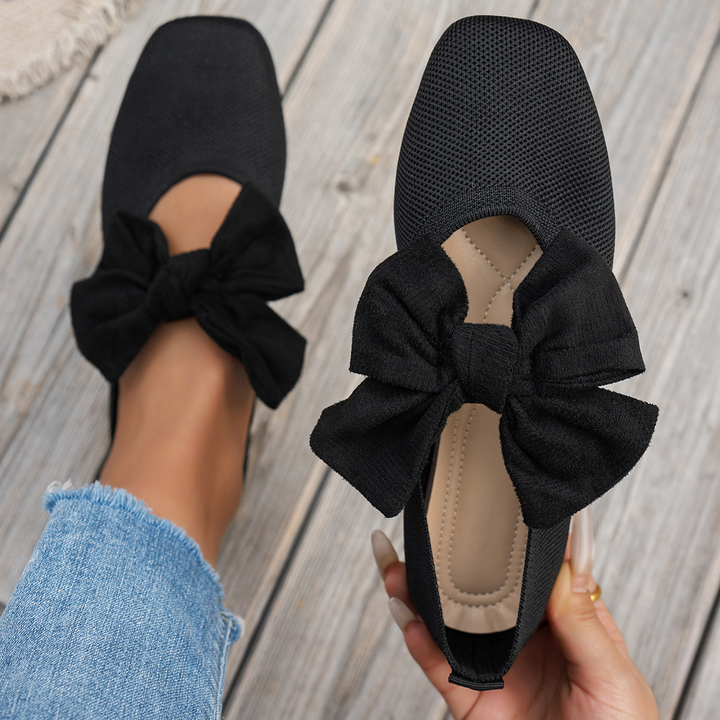 Knit Square Toe Big Bow Decor Flat Ballet Shoes