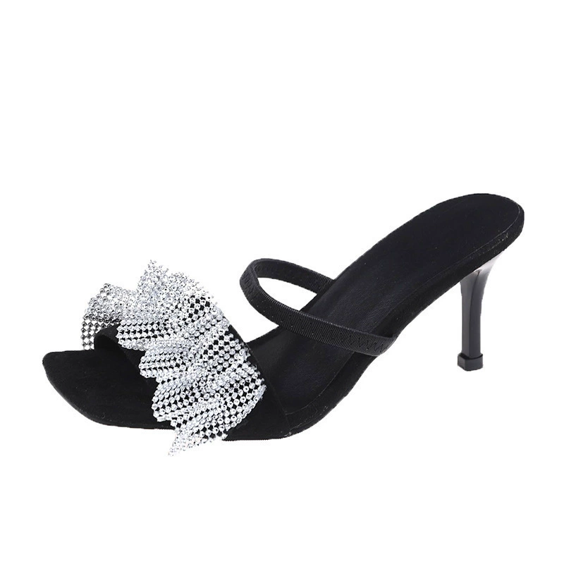 Rhinestone Ruffle Stiletto Heel Slide Sandals