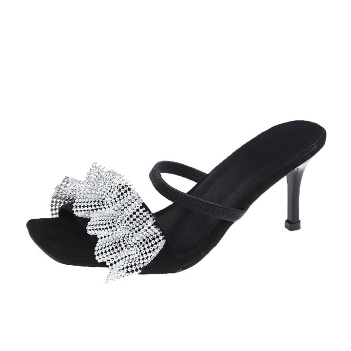 Rhinestone Ruffle Stiletto Heel Slide Sandals