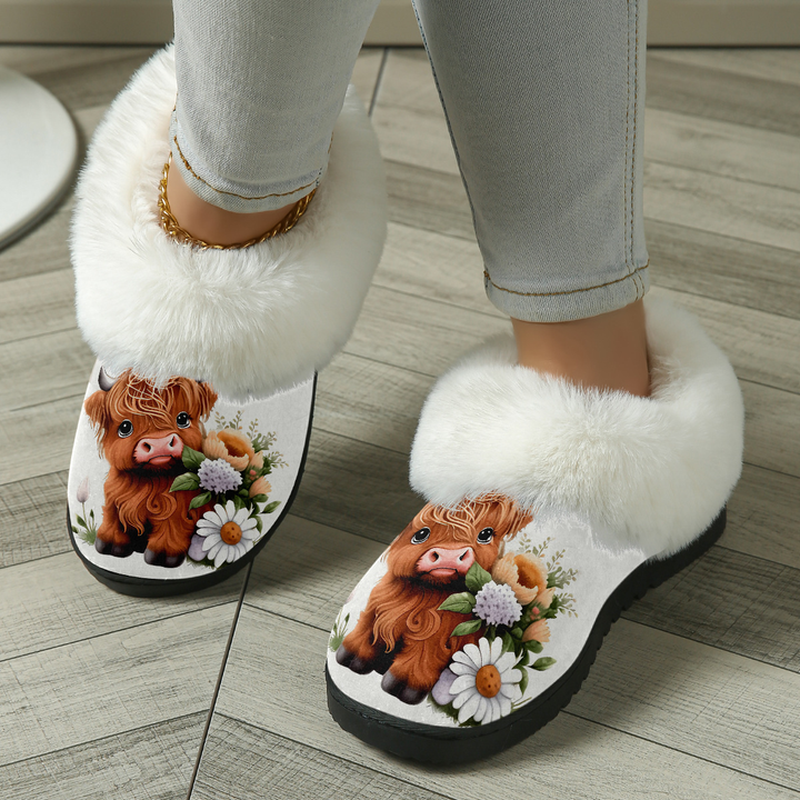 Highland Cow Print Fuzzy Collar Slippers