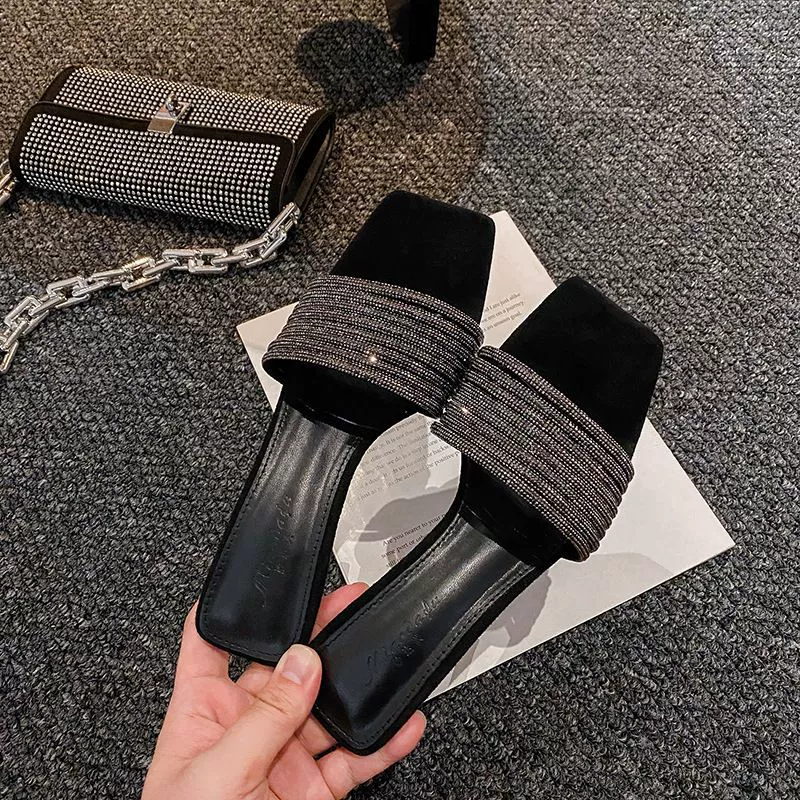 Rhinestone Strap Square Toe Stiletto Slide Mules
