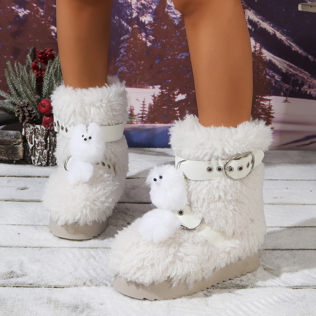 Cute Plush Doll Accent Furry Platform Buckle Ankle Boots