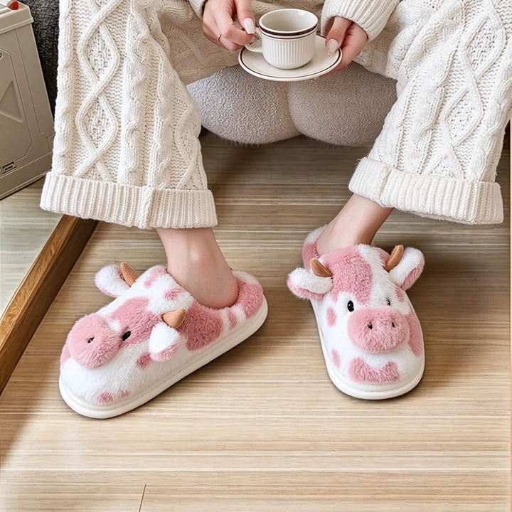 Cartoon Cow Closed Toe Plush Slippers