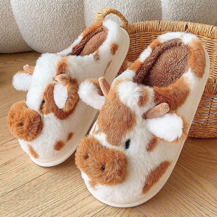 Cartoon Cow Closed Toe Plush Slippers