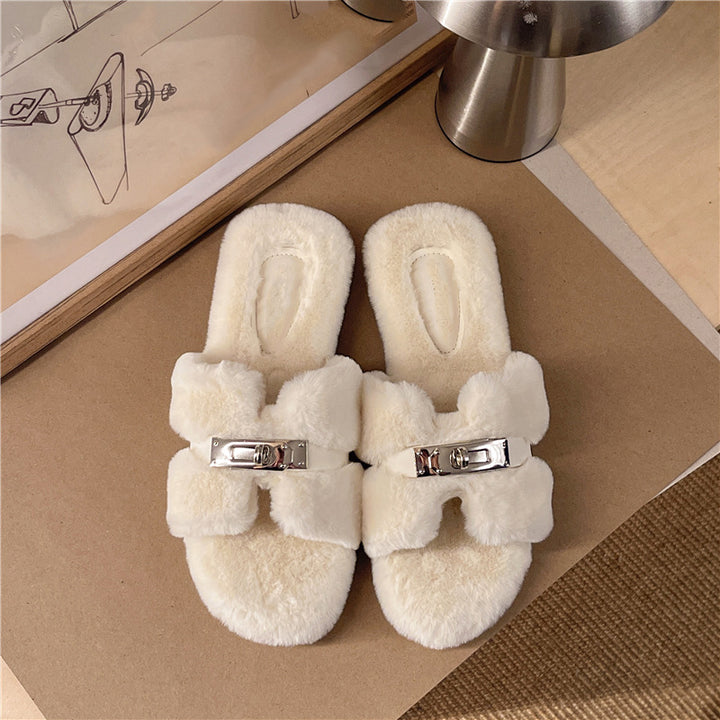 Plush Open Toe Slide Slippers