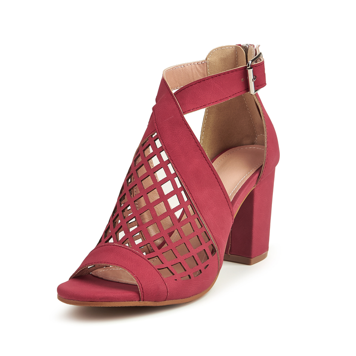 Women Grid Cutout Block Heel Sandals Ankle Buckle Party Shoes