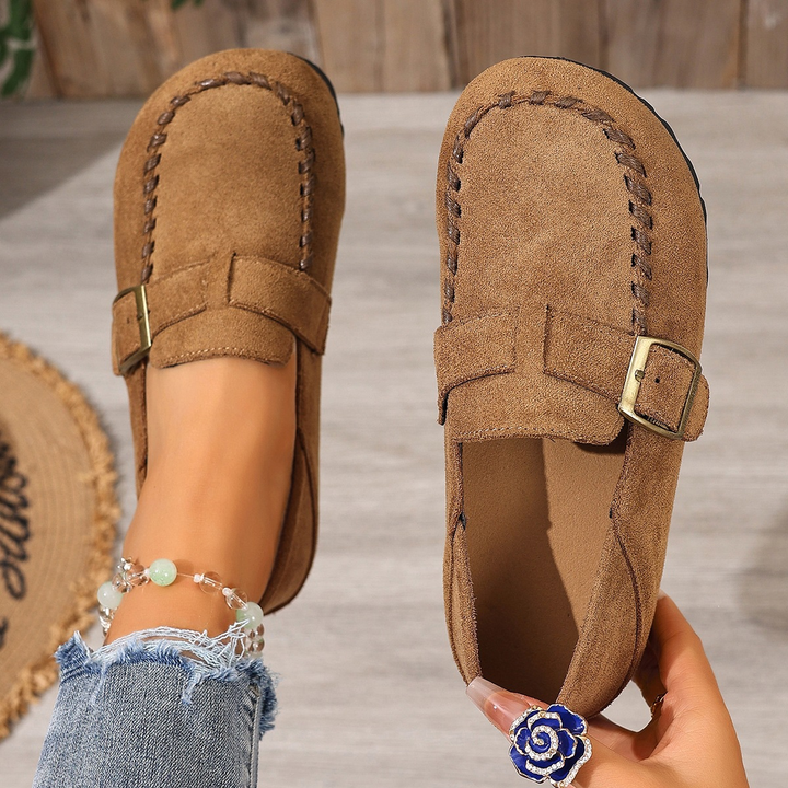 Buckle Decor Stitched Slip On Flat Loafers For Women