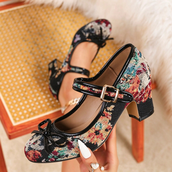 Retro Floral Bow Strap Mary Jane Heels