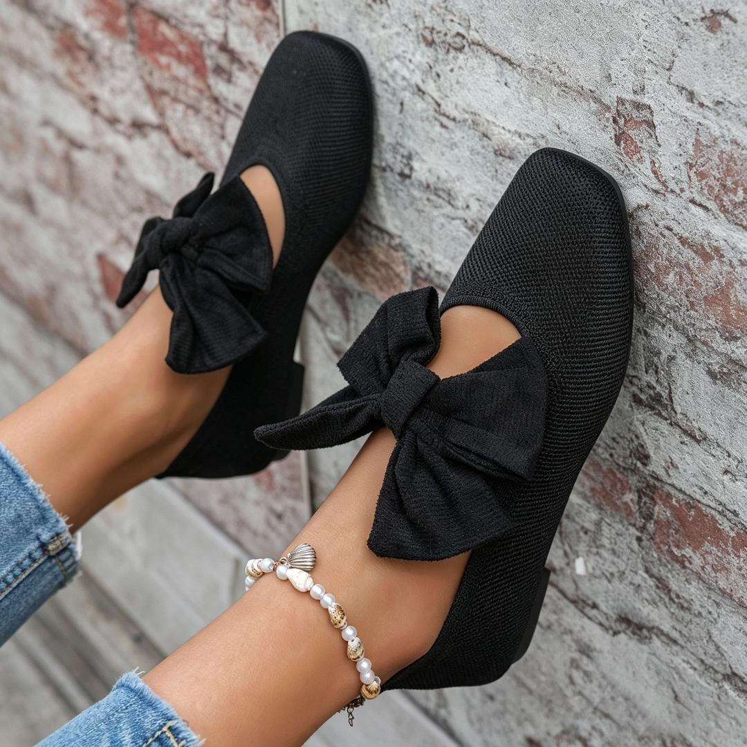 Knit Square Toe Big Bow Decor Flat Ballet Shoes