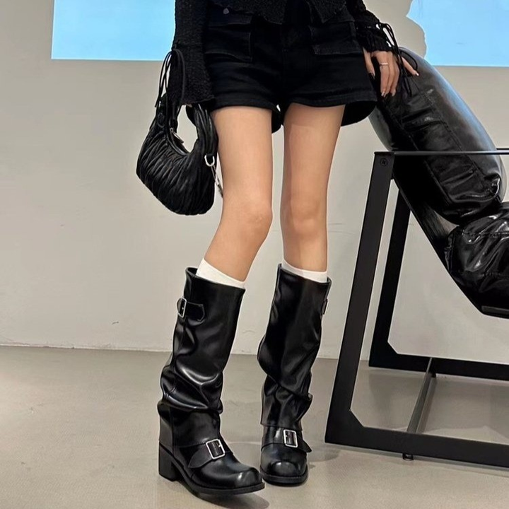 Women Slouchy Buckle Knee High Boots