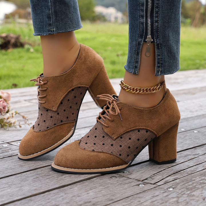 Vintage polka-dot lace-up high-heeled shoes