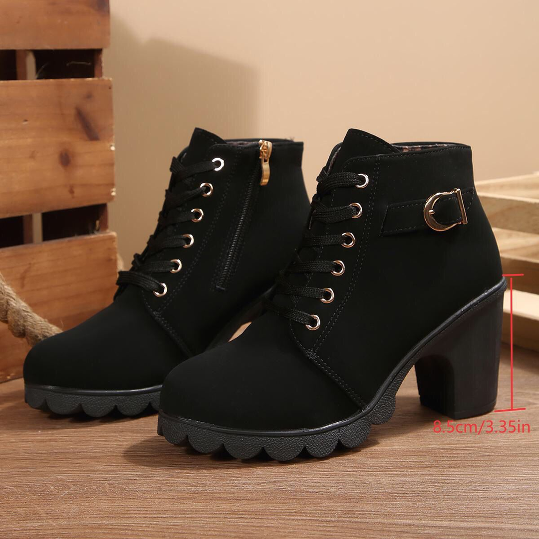 Side Zipper Buckle Strap Block Heel Ankle Boots