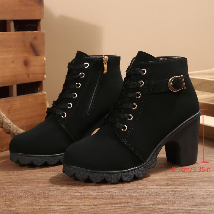 Side Zipper Buckle Strap Block Heel Ankle Boots
