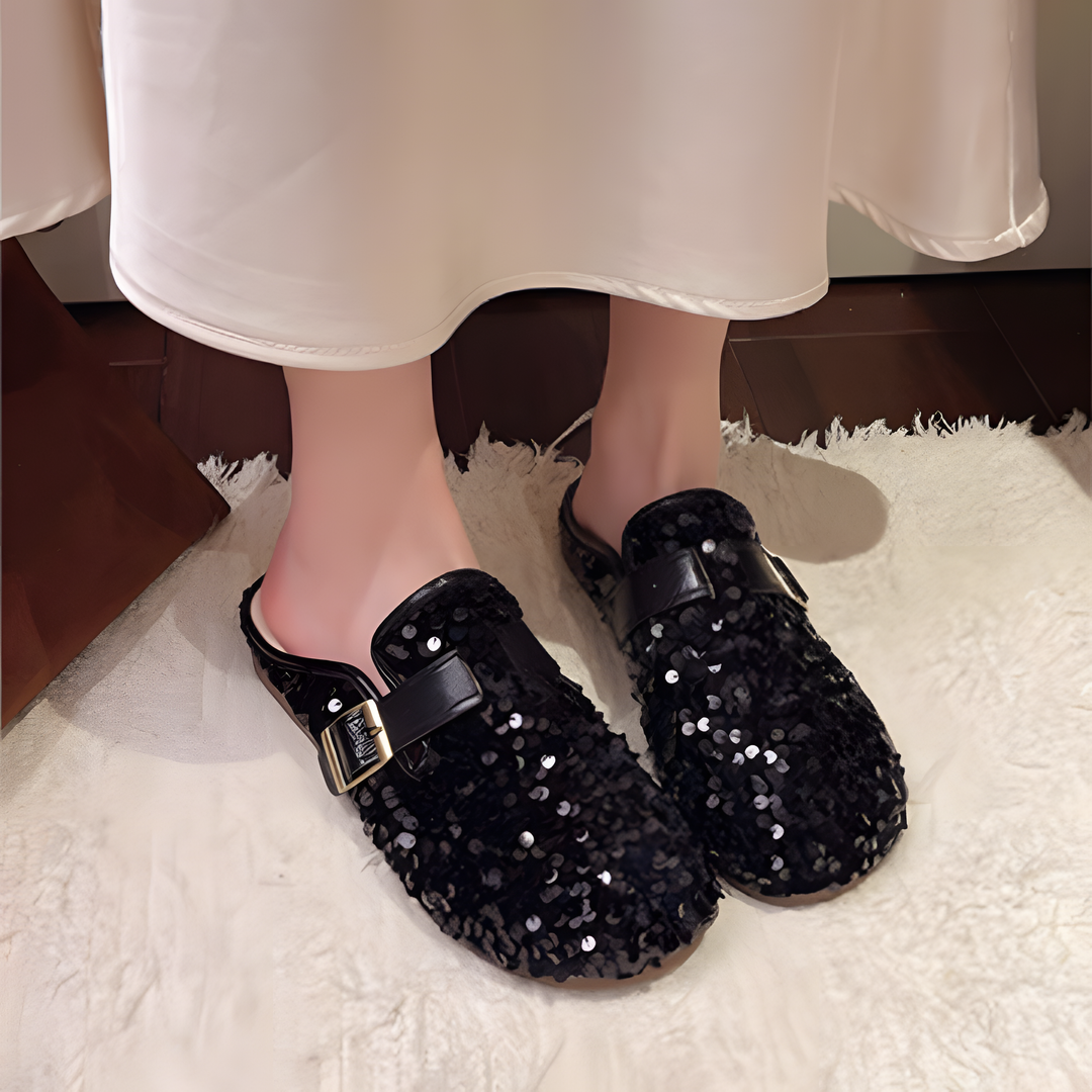Flat-bottomed sequined half-length slippers