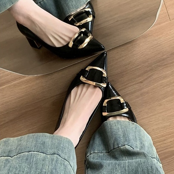 Classic Metal Buckle Pointed Toe Block Heel Shoes