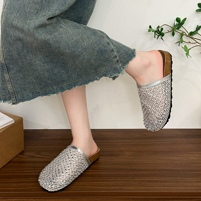Shiny Mesh Rhinestone Open Back Mules