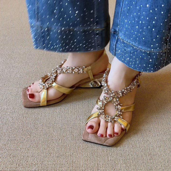 Crystal Embellished Square Toe Block Heel Sandals